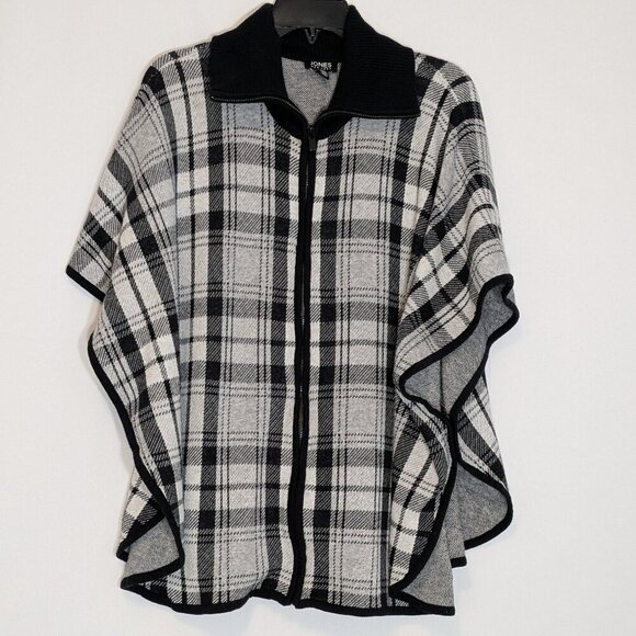 JONES NEW YORK Black/White Zip Turtleneck Cardigan Sweater Poncho; Size L - XL - Picture 1 of 7